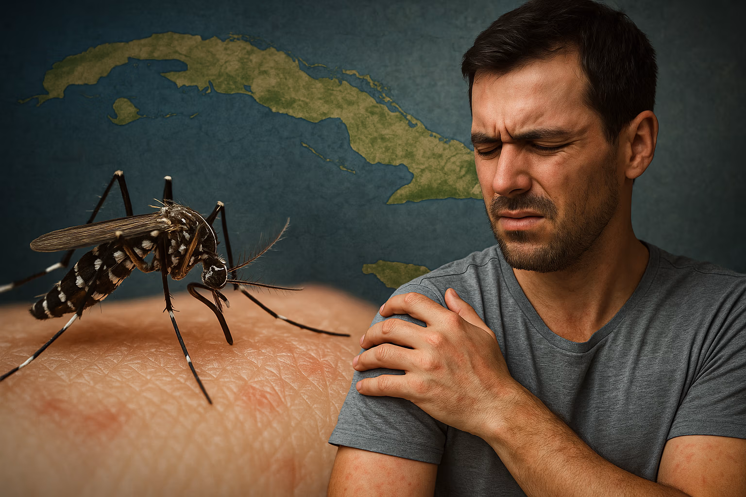 Hyperrealistic composite image of Cuba’s map, an Aedes mosquito on human skin, and a man showing visible chikungunya symptoms in a dramatic horizontal layout.