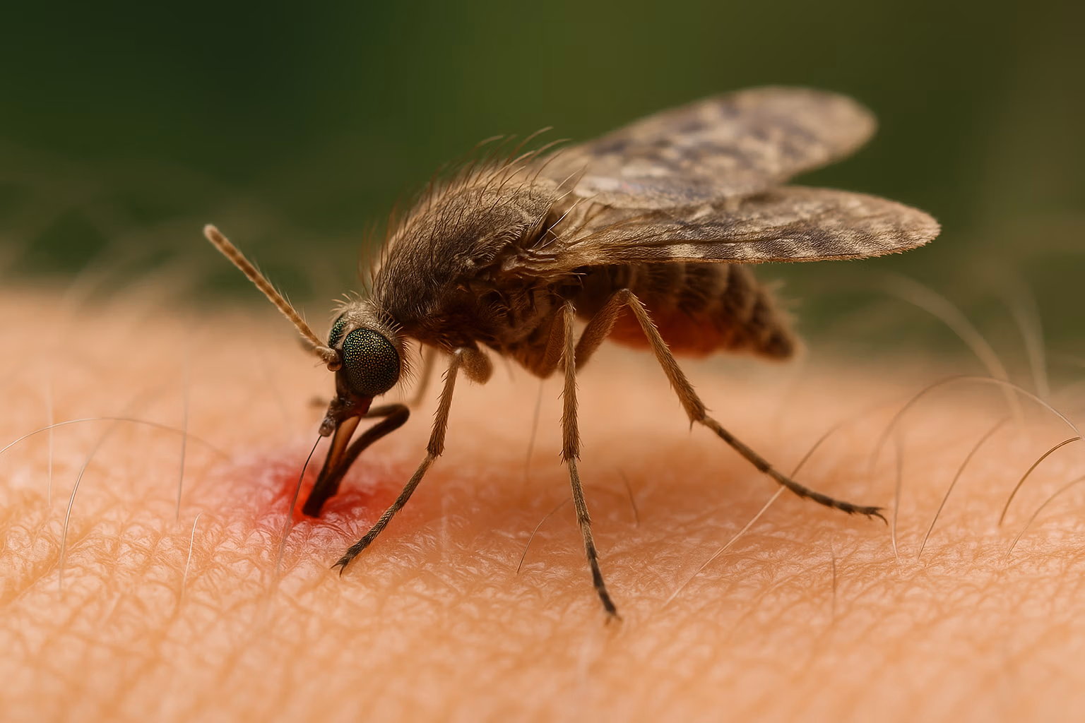 Macro foto de un jejen (Culicoides paraensis) picando la piel humana, insecto transmisor del virus Oropuche. Imagen educativa para artículos de salud.