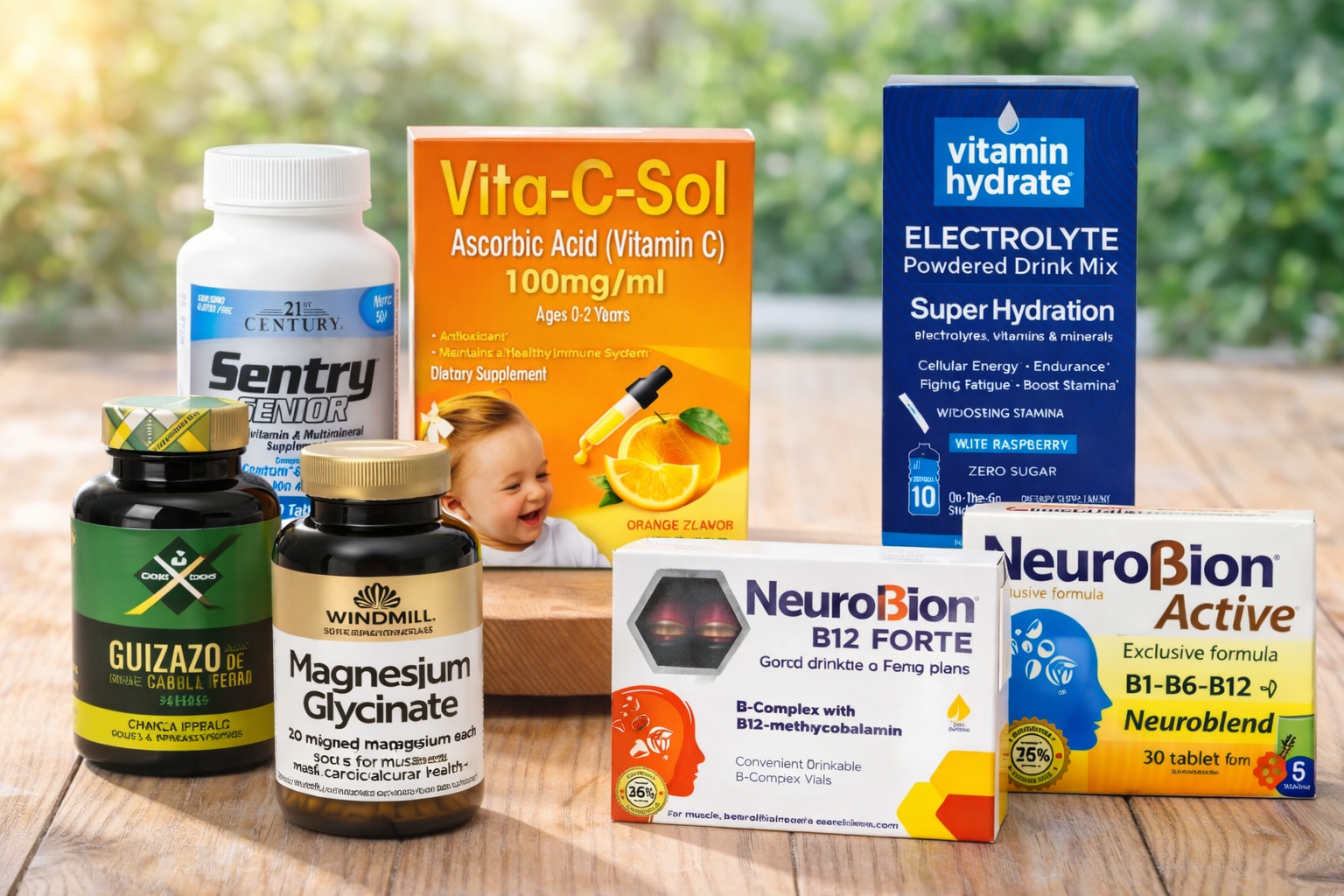 Imagen de vitaminas y suplementos esenciales para el bienestar diario, incluyendo multivitamínicos, omega 3, vitamina D y electrolitos, presentados en un entorno limpio y natural que promueve un estilo de vida saludable.